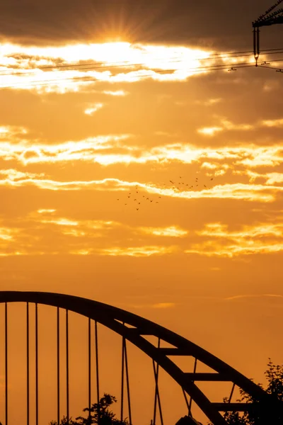 Golden sky with sun rays and lens flare shows solar energy with electricity tower pylon silhouette in golden sunset and orange sky for sustainable energy or renewable resources from dusk till dawn sun