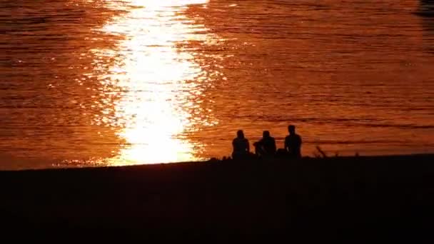 Golden Sunset Beach Men Silhouettes Relaxing Beach Work Friends Beach — Vídeo de stock