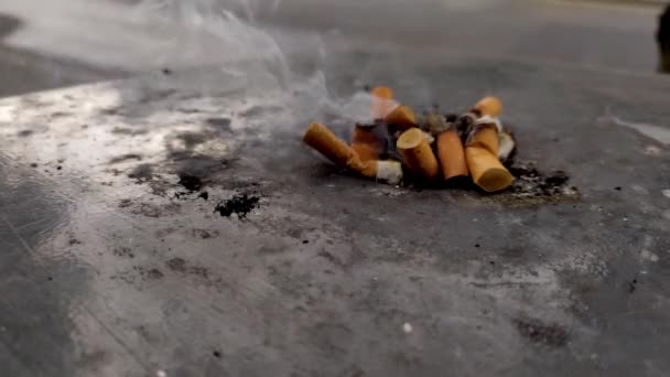 Kouření Popelník Cigaretovými Pahýly Ukazuje Hořící Popelník Rakovinou Plic Poškození — Stock video