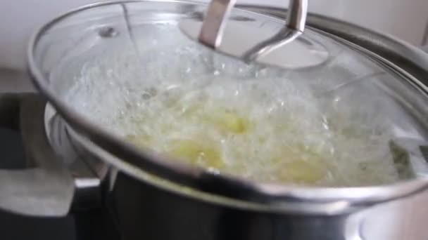 Batatas Fervendo Água Quente Panela Prata Fogão Cerâmico Mostram Cozinha — Vídeo de Stock