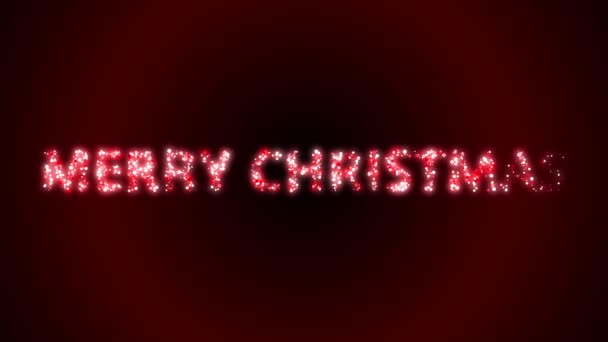 キラキラと輝くメリークリスマスの手紙お祝いのアニメーションと暗い赤と黒の背景に左から右に明らかに輝くクリスマスの手紙とメリークリスマスの赤いテキストアニメーション — ストック動画