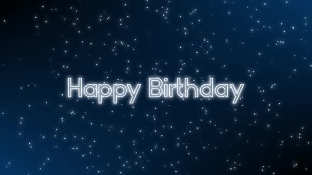 Glowing Happy Birthday Animated Letters Falling Snowflakes Background Dark Blue — Stock Video
