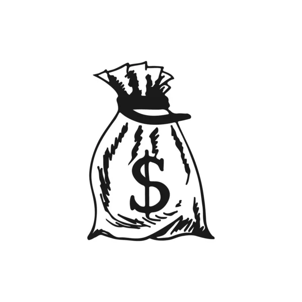 Ícone do dinheiro do dólar com saco. desenho manual. — Vetor de Stock
