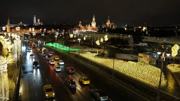 Noční Pohled Zimu Moskvě Kreml Řeka Moskva Park Zaryadye Únor — Stock fotografie