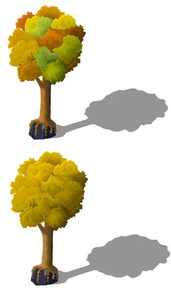 Autunno albero stile cartone animato che cresce su pietra grigia. Due tipi di tronco di buona qualità con foglie rosse, gialle e arancioni isolate su sfondo bianco — Vettoriale Stock