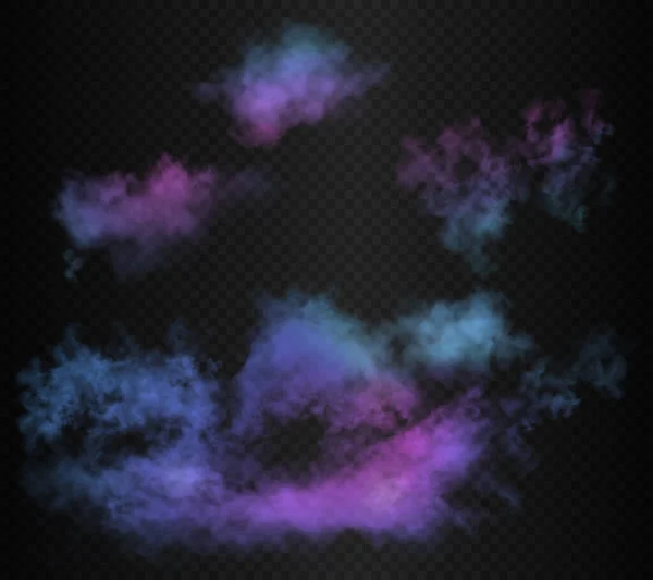 Nuvole di fumo colorate futuristiche blu e rosa. Vettore realistico magico colore nebbia vibrante isolato sullo sfondo scuro semi trasparente — Vettoriale Stock