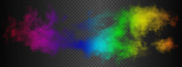 Salah satu warna awan asap pelangi sisi panjang berwarna merah, jingga, kuning, hijau, biru, ungu dan merah muda diisolasi pada latar belakang semi transparan gelap. Ilustrasi vektor kabut gradien - Stok Vektor