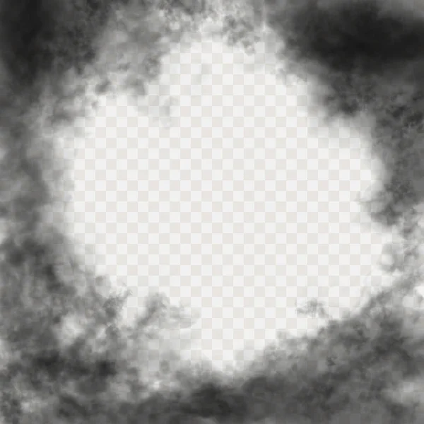 Realistische schwarze Rauchwolken umgeben den quadratischen Rahmen mit Kopierraum im Inneren. Vektor dunkle Trübung oder Nebel isoliert auf transparentem Hintergrund. Bewölkter Himmel oder Smog über der Stadt — Stockvektor