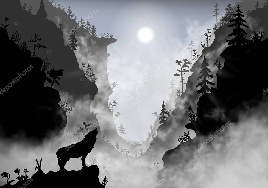 Silhouette of the wolf howling at the moon at night in front of the mountains inside the mist clouds. Hight detailed realistic black and white vector illustration.