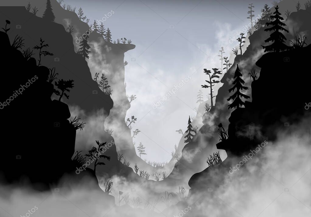 The mountain area inside the fog clouds. Cayon with grass and trees. Silhouette vector illustration.