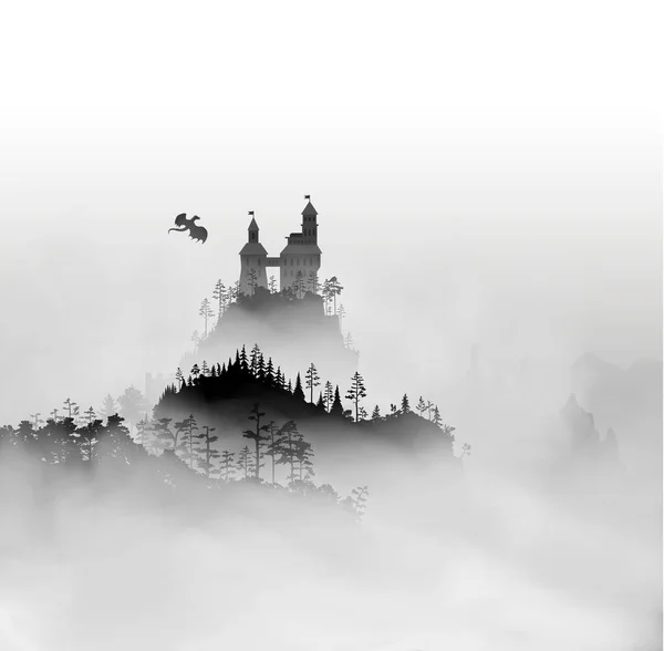Kastély a hegy tetején, erdő a ködfelhők alatt és sárkány repül az égen, közel az erődhöz. Vektor gyönyörű középkori táj bevehetetlen erőd és köd körül — Stock Vector
