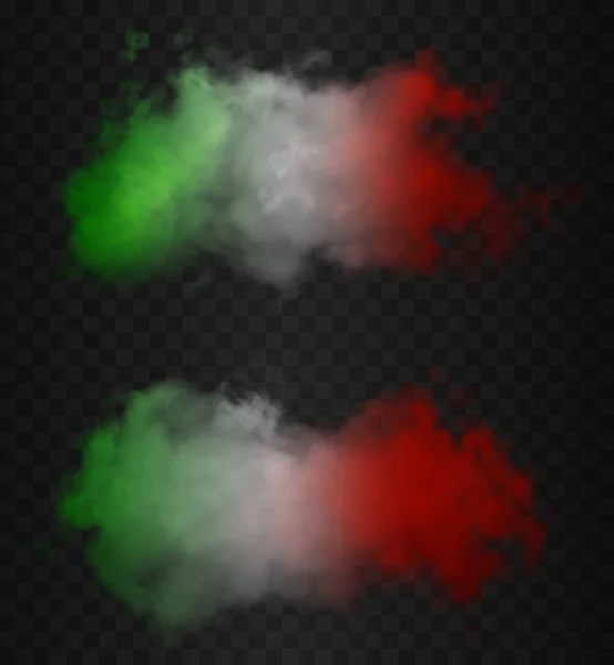 Conjunto de dos nubes de humo en los colores de la bandera italiana. Niebla colorida realista verde, blanca y roja aislada sobre fondo oscuro semi transparente. Conceptual buena calidad vector ilustración. — Archivo Imágenes Vectoriales