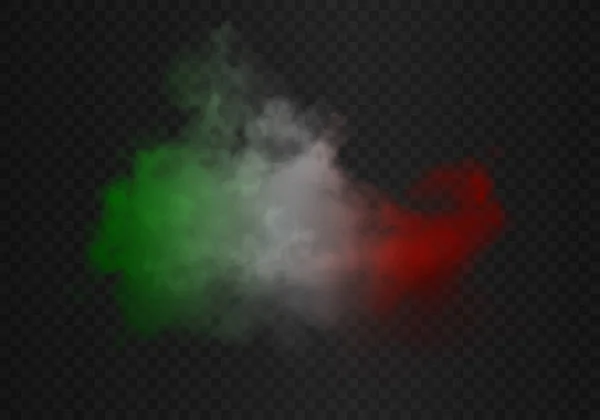 Nuage de fumée aux couleurs du drapeau italyan. brouillard coloré vert, blanc et rouge réaliste dégradé isolé sur fond semi-transparent foncé. Illustration vectorielle conceptuelle de bonne qualité Vecteur En Vente