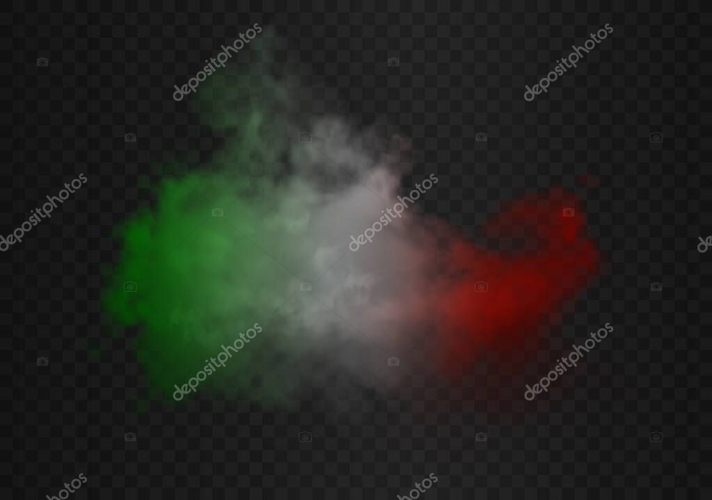 Smoke cloud in the colors of the italyan flag. Green, white and red realistic gradient colorful fog isolated on dark semi transparent background. Conceptual good quality vector illustration.