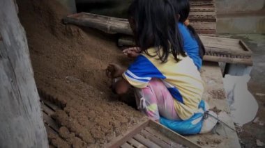 Bir çocuk, biber tohumu yetiştirme yeri olarak kullanılmak üzere plastik bir torbaya toprak koyuyor.