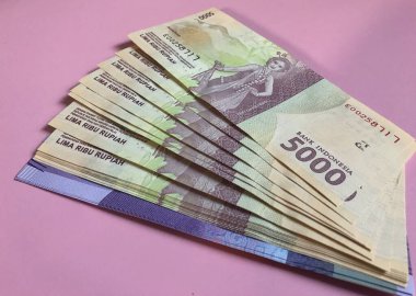 Pembe arka planda dağıtım için yeni banknotlar.
