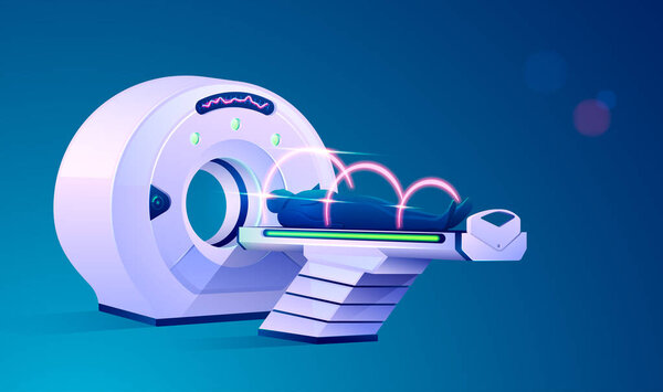 concept of medical technology advancement, graphic of MRI scan device with futuristic element