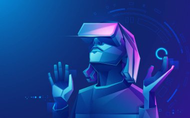 Sanal gerçeklik teknolojisi kavramı, VR takan genç bir oyuncunun grafiği.