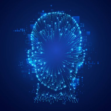 Sanal gerçeklik teknolojisi ya da dijital dönüşüm konsepti, insan yüzünün fütüristik bir şekilde sunulduğu grafik