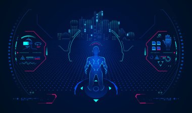 Sanal gerçeklik teknolojisi kavramı, Metaverse kullanıcısının bakış açısı, VR gözlük arayüzü olan gelecekçi karakter grafiği