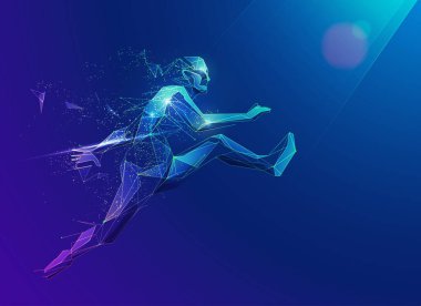 Spor bilimi ya da iş metaforu kavramı, ışık efektine atlayan fütürist düşük polimerli adamın grafiği