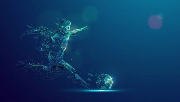 Graphic Wireframe Soccer Player Shooting Ball Lighting Effect — 스톡 벡터