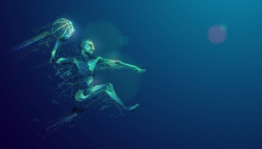 graphic of wireframe basketball player shooting ball with lighting effect