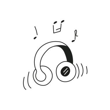Kulaklıklar karalama tarzında, uçan notlarla boyanmış. Vektör grafikleri.