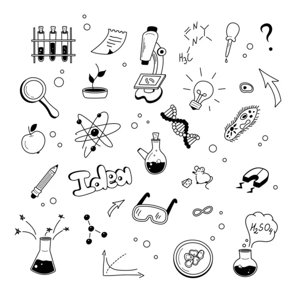 Een set van doodle elementen van Science. Chemie en biologie. vectorgrafieken. — Stockvector