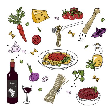 Makarna bolonez ve spagetti yapmak için gerekli malzemeler. Doodle tarzı. Vektör grafikleri.