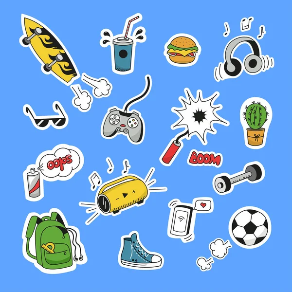 Een set stickers voor een tieners levensstijl. Doodle stijl. vectorgrafieken. — Stockvector