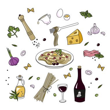 Carbonara makarnası ve spagetti yapmak için gerekli malzemeler. Doodle tarzı. Vektör grafikleri.