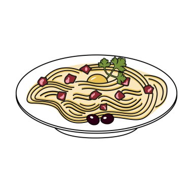 Carbonara soslu spagetti. Doodle tarzı. Vektör grafikleri.