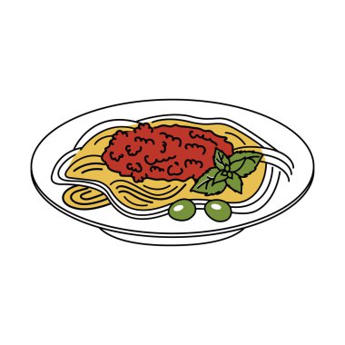 Bolonez soslu spagetti. Doodle tarzı. Vektör grafikleri.