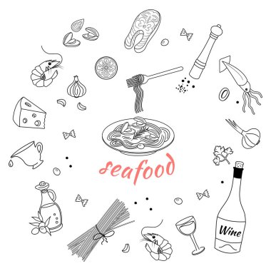 Deniz ürünleriyle makarna yapmak için malzemeler. Doodle tarzı. Vektör grafikleri.