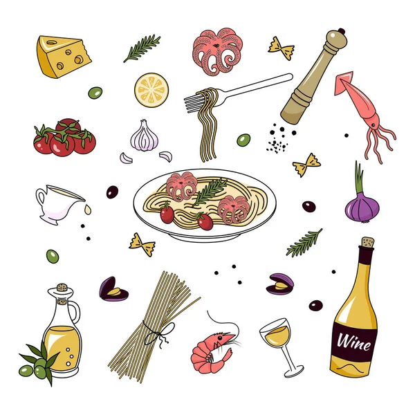 En uppsättning ingredienser för att göra Pasta med bläckfisk. Doodle-stil. Vektorgrafik. — Stock vektor