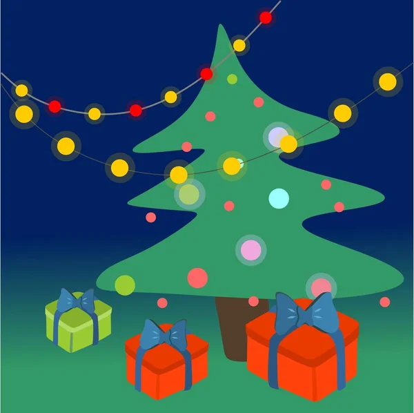 Frohes Neues Jahr Weihnachtsdekoration Familienurlaub Winterurlaub Christbaumschmuck Girlanden Lichter Weihnachtsbaum — Stockvektor