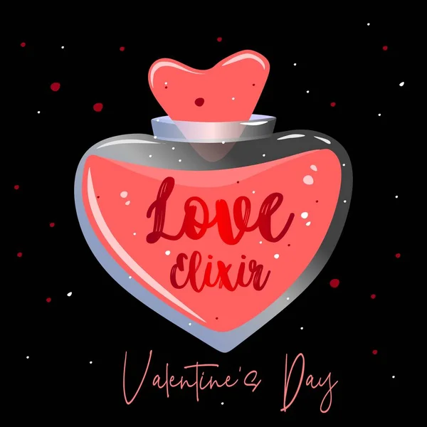 バレンタインデーの愛の薬 愛と関係 恋人の休日 瓶の中の薬だ 黒のエリキシルと赤 ロマンチックなイラスト — ストックベクタ