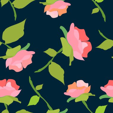 Pembe şakayıklı pürüzsüz desen koyu mavi-yeşil arka planda