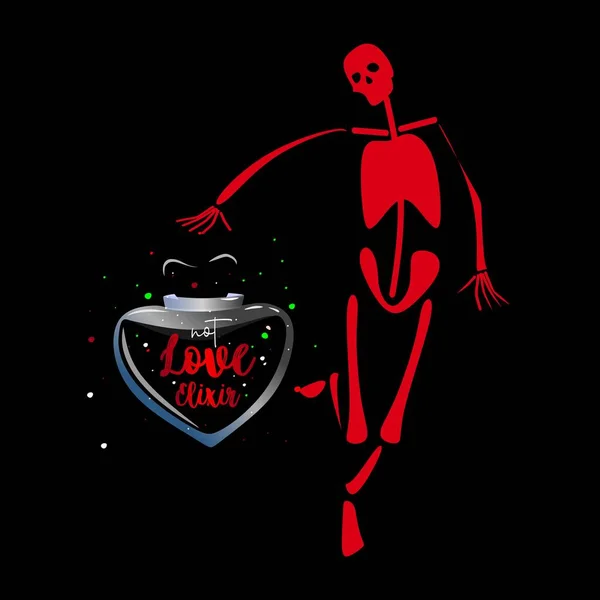 Black Elixir Banner Skeletons Love Elixir Shape Heart Black Liquid — Vettoriale Stock