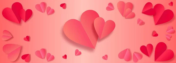 Banner Para Día San Valentín Con Corazones Realistas Rojos Rosados — Vector de stock