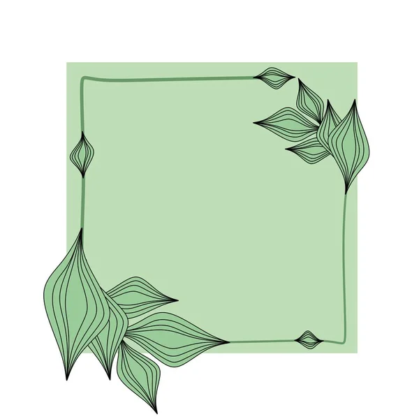 花の線形装飾が施されたテキストフレーム 美しいフレーム グレーと淡い緑の背景と葉 葉や芽を持つあなたのデザインのためのテンプレート 植物のグラフィック図面 ベクトル — ストック写真