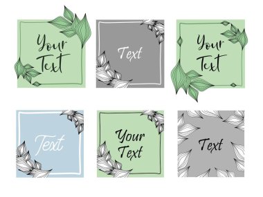 Çiçeksel süslemeli metin çerçevesi. Güzel çerçeveler, tasarımlarınız için şablonlar gri ve soluk yeşil bir arka plan ve yapraklar, yapraklar ve tomurcuklar. Bitkilerin grafiksel çizimleri. Vektör