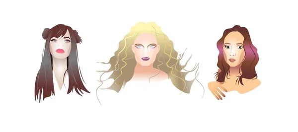 Retratos Niñas Mujeres Rostros Ojos Labios Nariz Femeninos Hermoso Pelo — Vector de stock