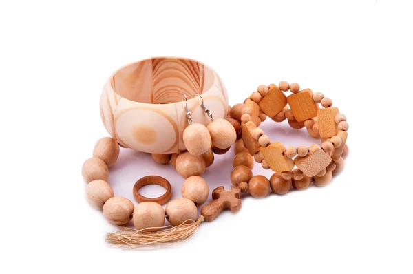 Wooden bracelet, earrings, ring — Stock Photo, Image