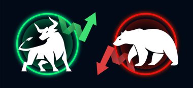 Boğa ya da boğa koşusu; ayı ya da hamiline piyasa eğilimi kripto para birimi ya da hisse senedi. Değiş tokuş, yeşil veya kırmızı oklar grafiği. Borsa fiyat tablosu. Neon dairesi çerçevesi. Vektör İllüstrasyonu