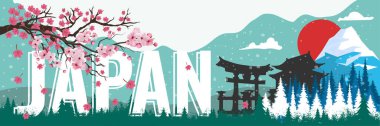 Japan national day banner with winter landscape theme in background. National foundation day of japan design with famous Japanese landmarks like mount Fuji, Itsukushima Shrine and Himeji Castle etc. 