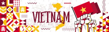 Flag and map of Vietnam with raised fists. National day or Independence day design for Vietnamese celebration. Modern retro design with abstract icons. Vector illustration.