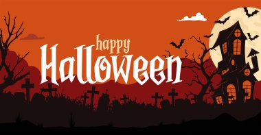 Korku dolu turuncu gece arkaplanlı Cadılar Bayramı afişi. Ürkütücü yarasalar tepedeki bir evin üzerinde ve ayda ağaç dalları üzerinde uçuyor. Cadılar bayramı tipografisi mezarlıkla ilgili. Vektör illüstrasyonu