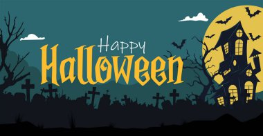 Korku dolu, karanlık bir geçmişi olan Cadılar Bayramı afişi kutlu olsun. Korkunç yarasalar tepedeki evin üzerinde uçuyor ve ayda ağaç dalları var. Cadılar bayramı tipografisi mezarlıkla ilgili. Vektör illüstrasyonu